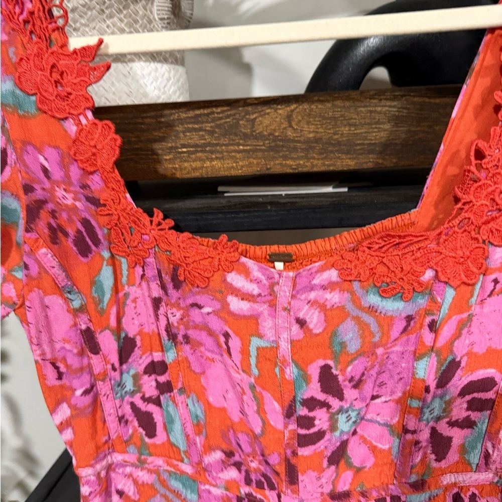 Free People Floral Midi Dress Pink Orange Lace Trim Small - Picture 8 of 13